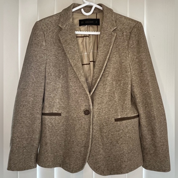 Zara Women's Beige Blazer with Brown Elbow Patches - Picture 7 of 9